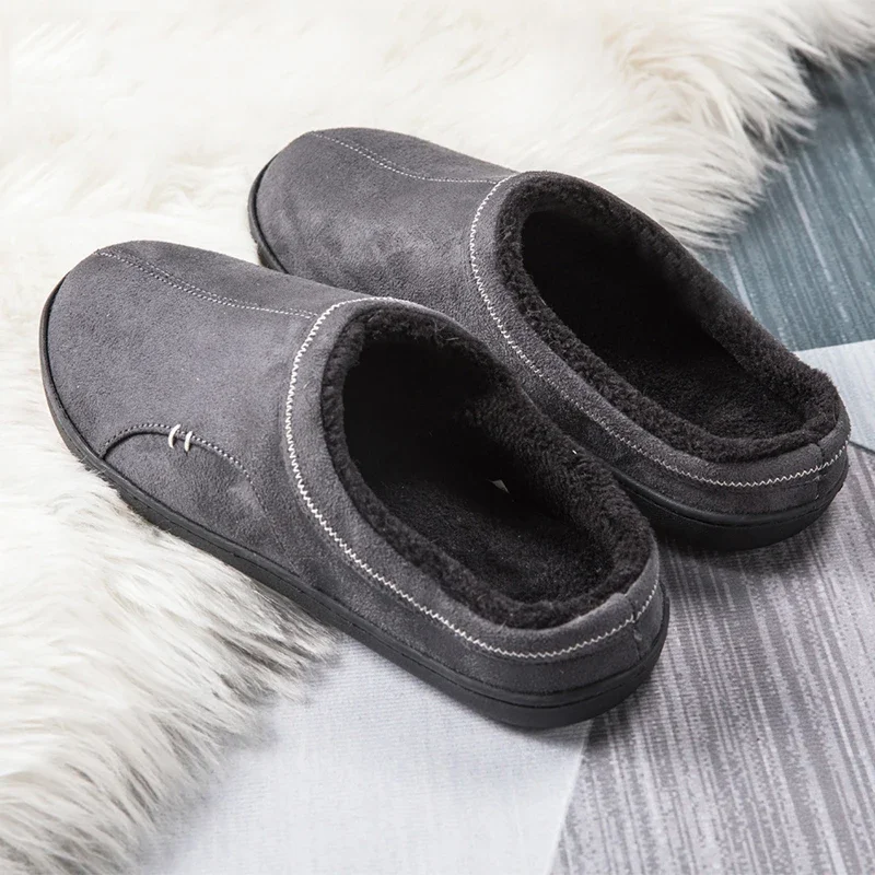 Men Slippers Black New Winter Suede Slippers Warm Indoor Slipper Waterproof Home House Shoes Men Warm Velvet Fur Knitting Shoes