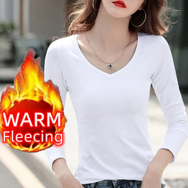 O Neck Long Sleeve Winter Bottoming Tops Black Casual Solid Basic Velvet Heating Fiber Thermal T-Shirts Women Clothing Simple