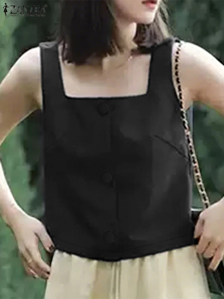 ZANZEA-Chalecos de verano para ir al trabajo, Tops, ropa de día, camisola con botones a la moda, cuello cuadrado, sin mangas, camisetas sin mangas informales lisas, 2025