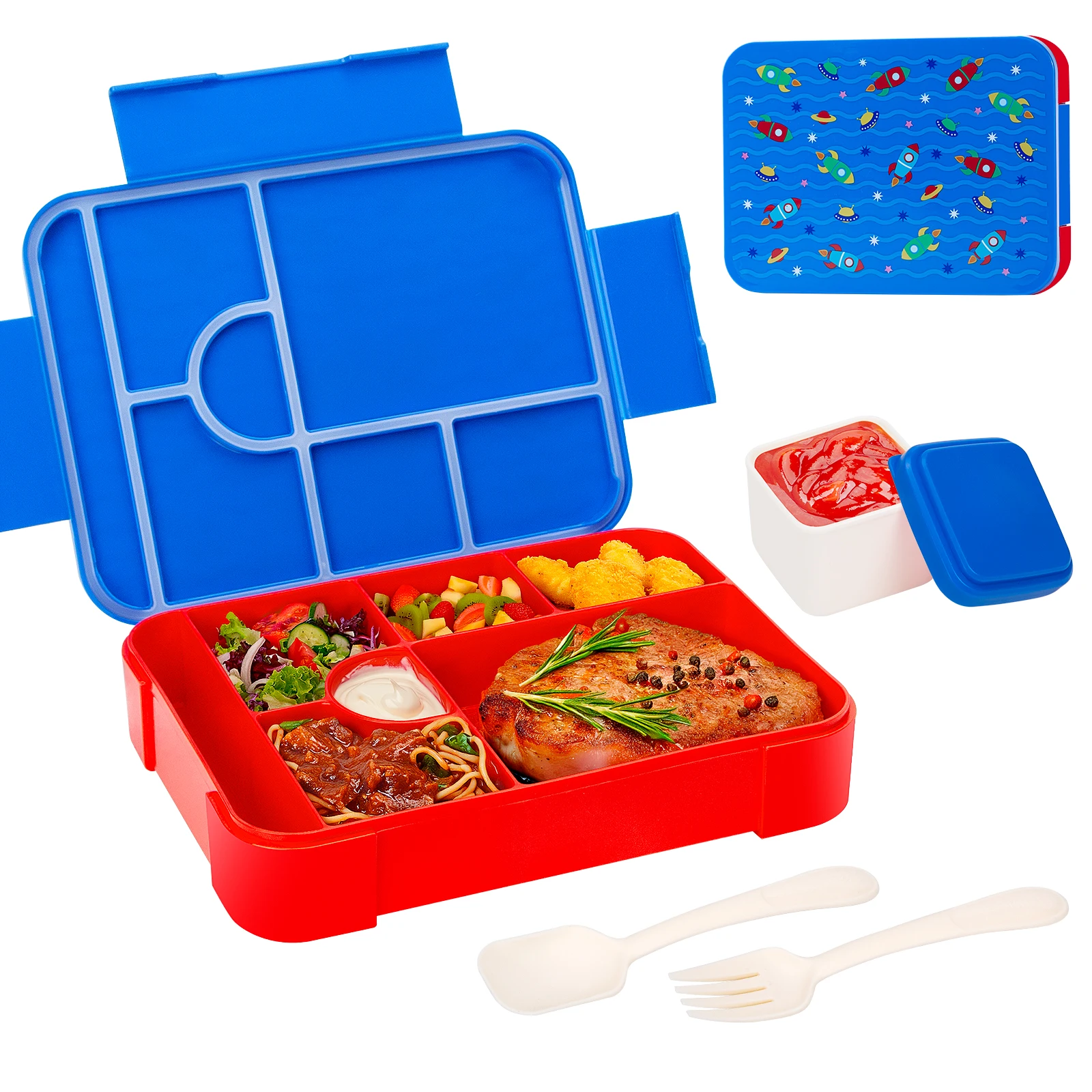 Niedliche Kinder-Lunchbox mit Muster, tragbar, unterteilt, mikrowellengeeignet, auslaufsicherer Lebensmittelbehälter für die Schule und die Küche – Detail 13