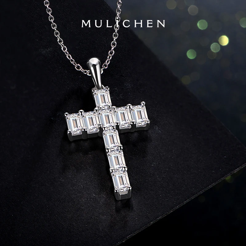 MULICHEN Excellent Cut EF Color Sparkling Moissanite Cross Pendants Necklace Men's Chain God Accessories Woman 925 Sterling