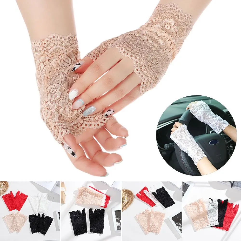 Spring Summer Sunscreen Half Finger Short Gloves Driving Gloves Fingerless Mittens Lace Gloves
