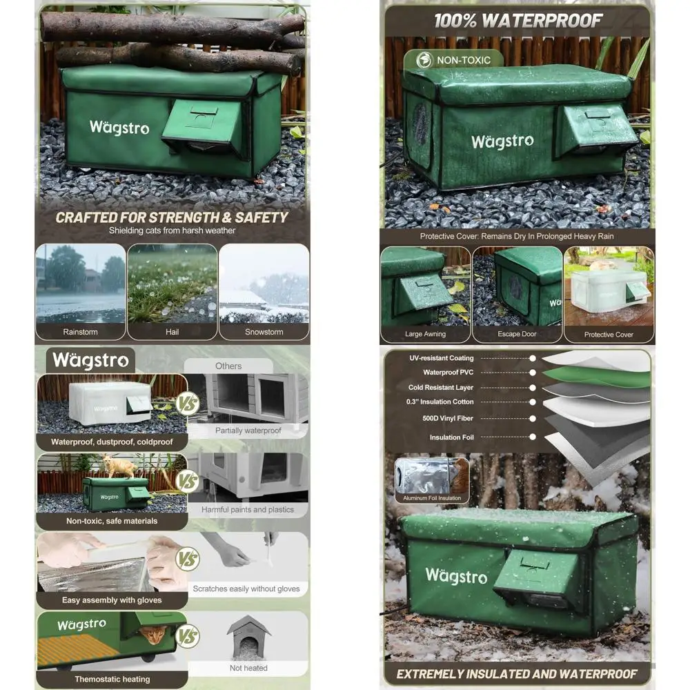 

Waterproof Outdoor Cat House with Heated Shelter and Escape Door, Suitable for Feral Cats (Green, 16.5x12.6x12.6)