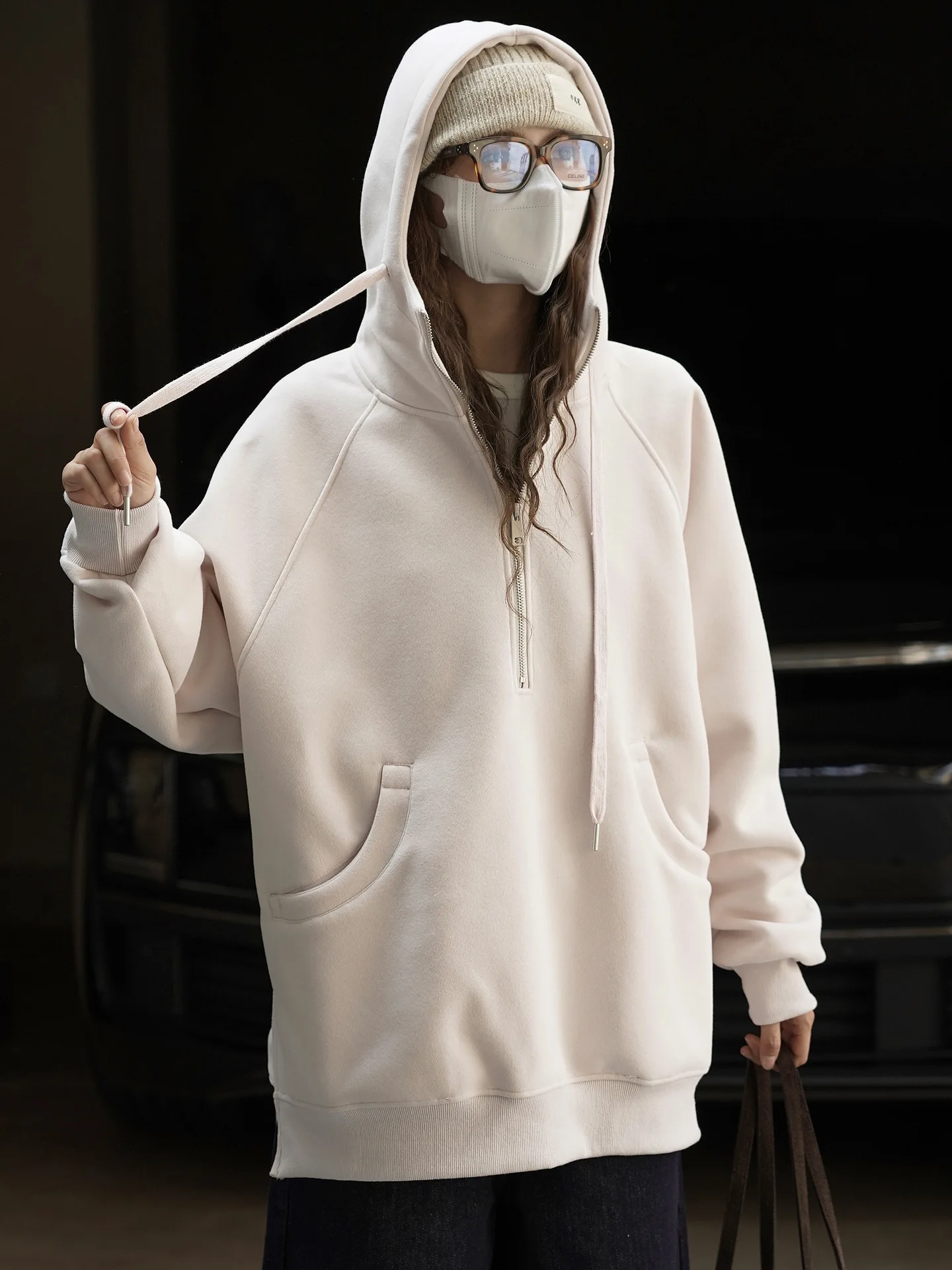 Moda Bai Dai media cremallera bolsillo curvo sudadera con capucha casual envejecido superior para mujeres