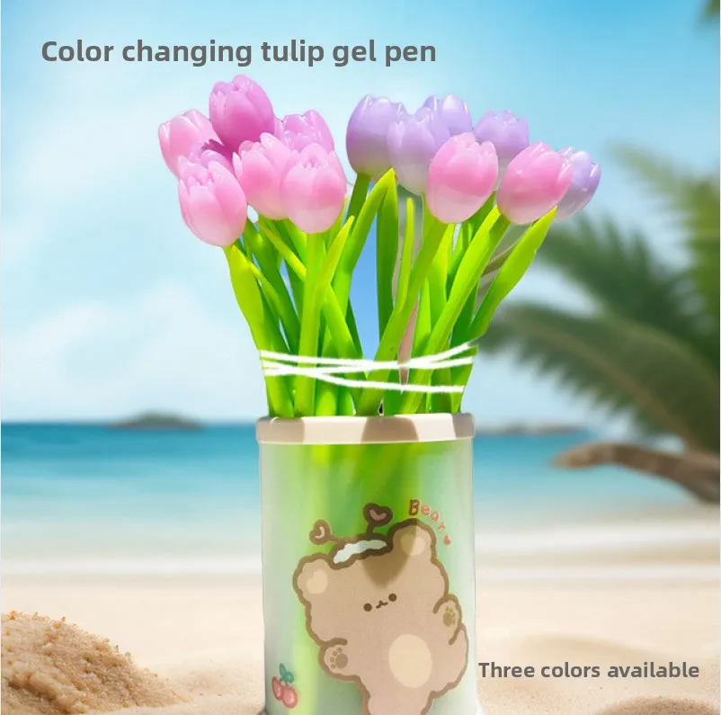 12 Pcs New Tulip Silicone Neutral Pen Small Fresh Black Signature Pen Color Changing Cute Student Flower