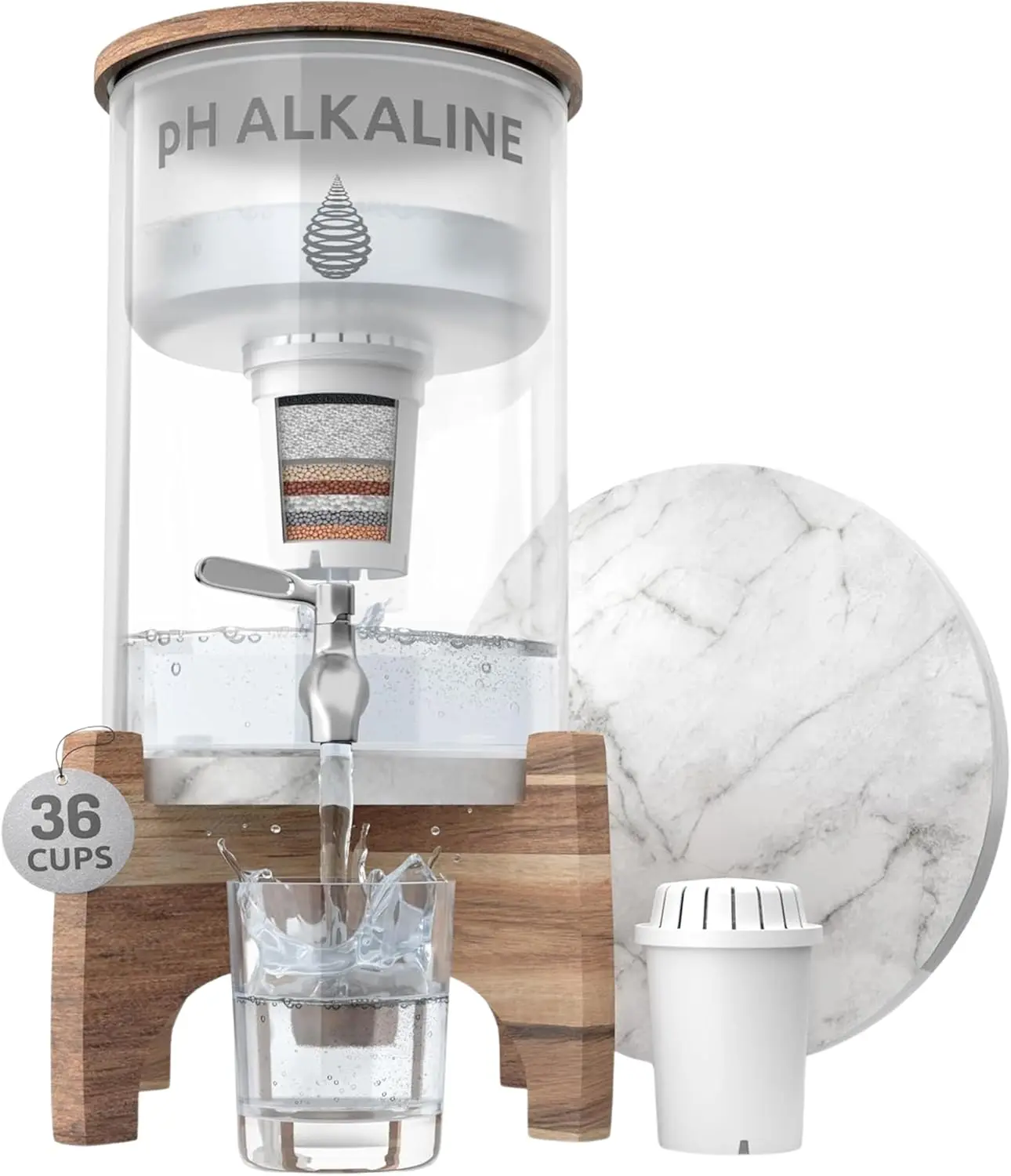 

pH Recharge Alkaline Water Filter Dispenser – BPA-Free Glass Countertop Water Filter Pitcher Purifier for Home & Office, 36-Cup