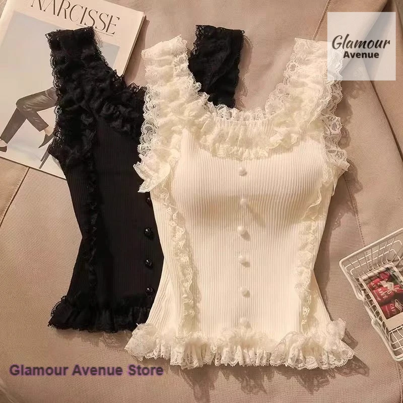 

Korean lace pure lace spice girl suspender vest female summer new fashion slim sweet spicy knit bottoming sleeveless short top.
