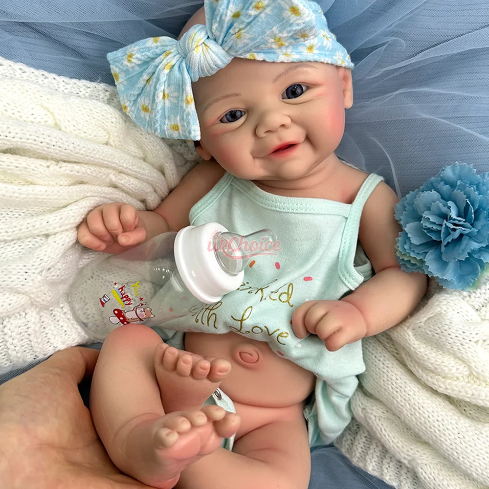 Blue Eyes 17" Silikon-Reborn-Babypuppe, süßes Lächeln, Mädchen und Junge, realistische 6 Pfund gewichtete Neugeborene Puppe als Geschenk für Sammler