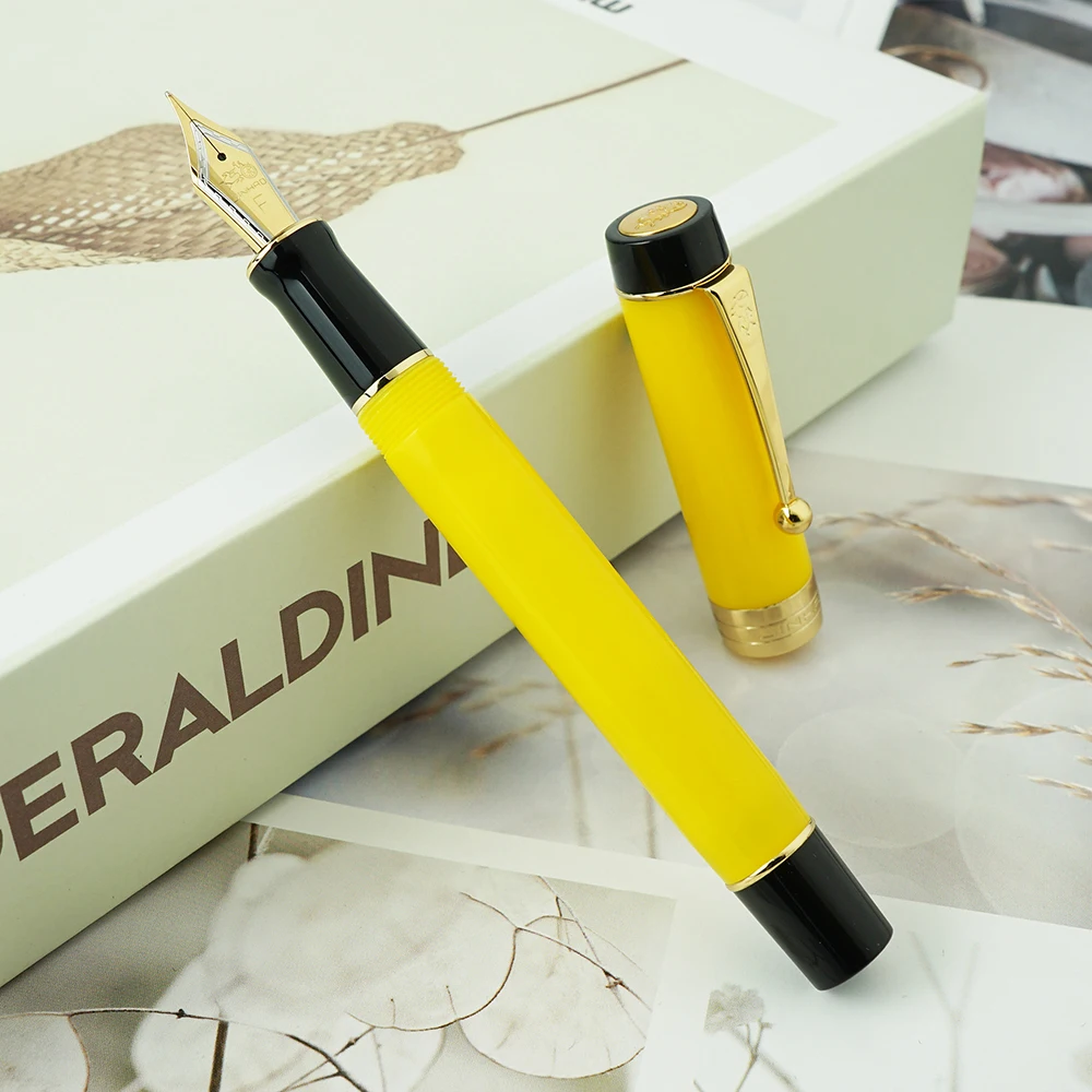 Jinhao 100 Centennial Yellow Resin Fountain Pen Golden Clip EF/F/M/Bent Nib Ink Pen with Converter for Business Office Writing