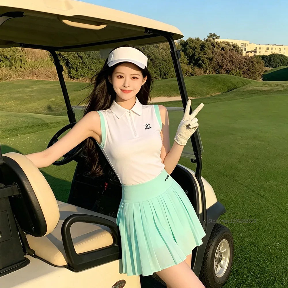 niefle-女性ゴルフタンクトップジッパーカラーノースリーブスポーツシャツ速乾性テニスベストプリーツ-a-ラインスカートワークアウトスコート