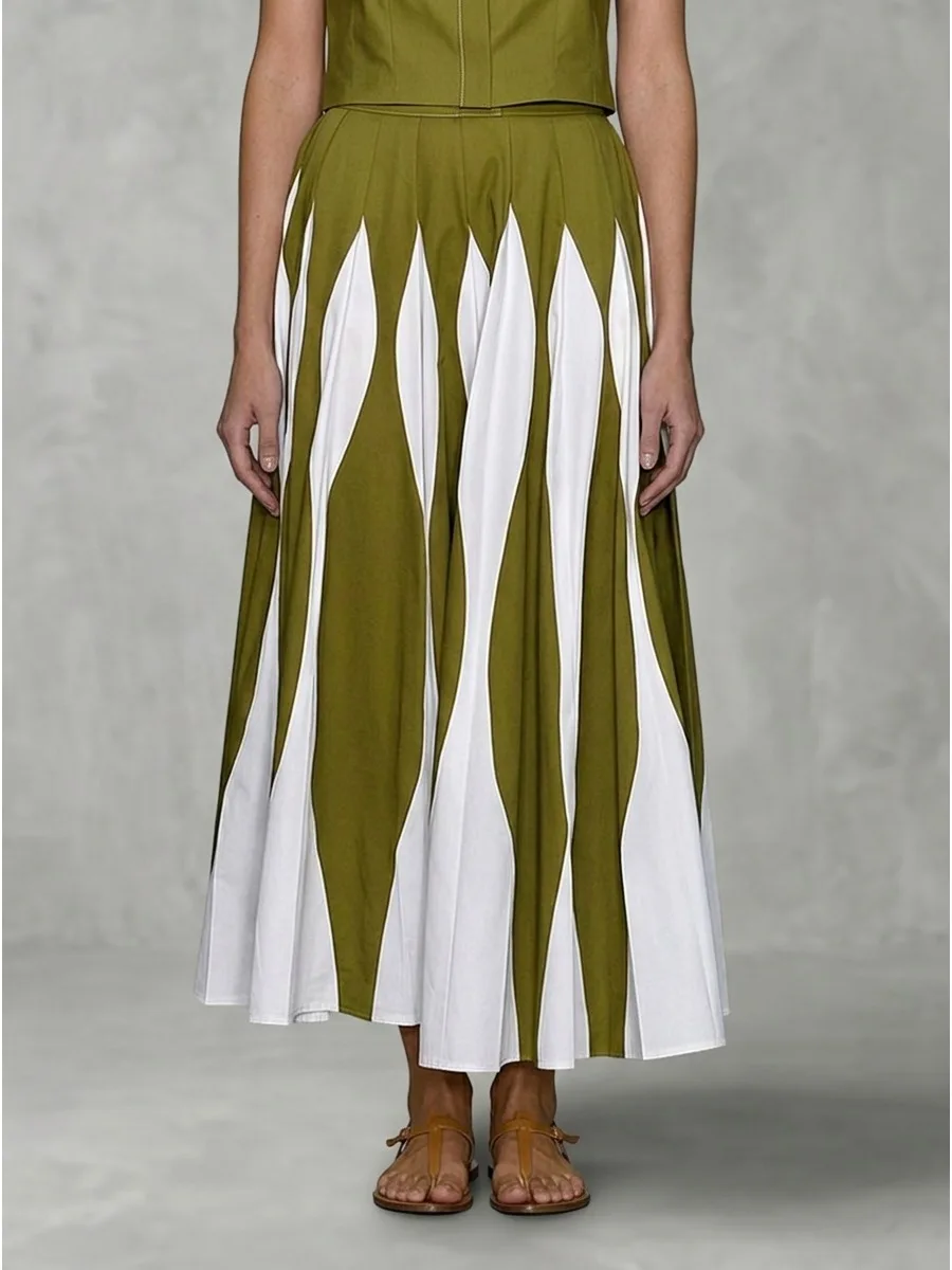 Freeacy Women's Olive White Geometric Printed Maxi Skirt High Waist Pleated Flared A Line Swing Fashion Long Skirt Casual Bottom