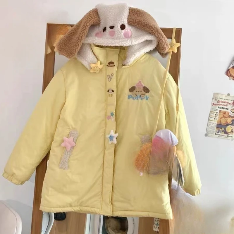 Parka à capuche brodée de dessin animé mignon pour femme, combinaison décontractée, patchwork japonais, esthétique grunge, poche, Y2k, hiver