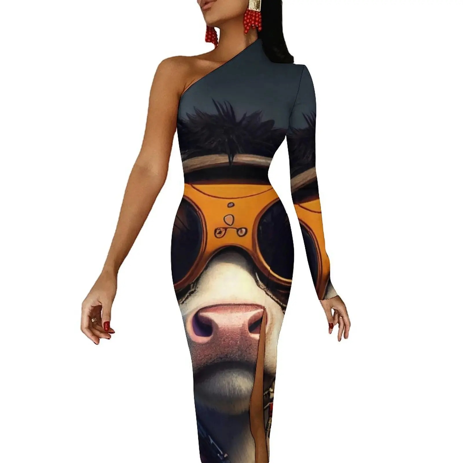 Funny Pirate Cow Bodycon Dress Autumn Animal Print Elegant High Slit Long Dresses Long Sleeve Graphic Street Style Dress