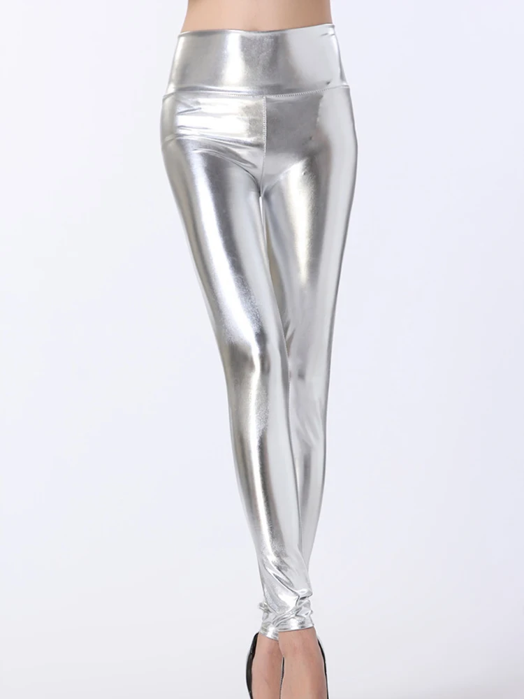 Stretch elastisch glänzend sexy Leggings Frauen Bleistift hose hohe Taille Leggins dünne Mode eng Silber Gold