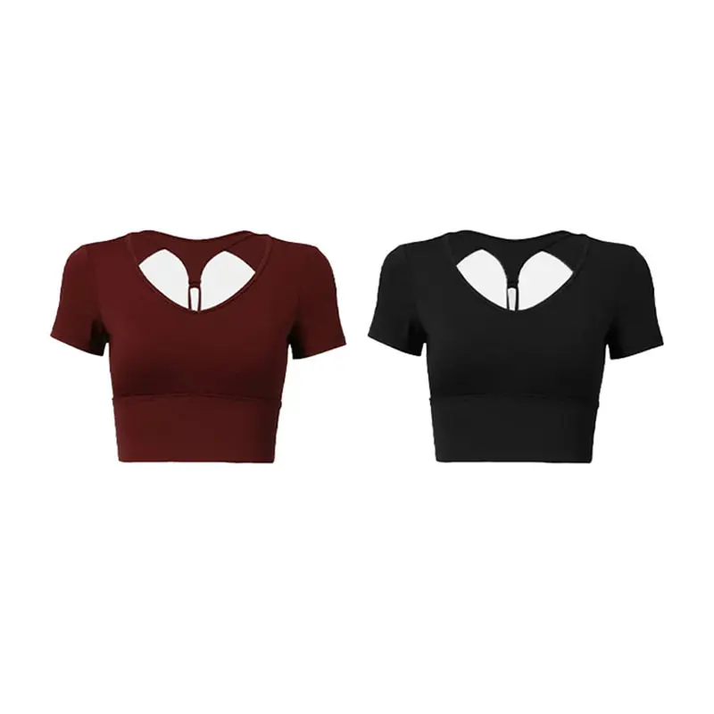 Sportliche Kurzarm-Damen-Yoga-Kleidung mit Rückenausschnitt und Brustpolstern, schweißableitend, eng anliegend, für Pilates und Fitness. – Detail 3