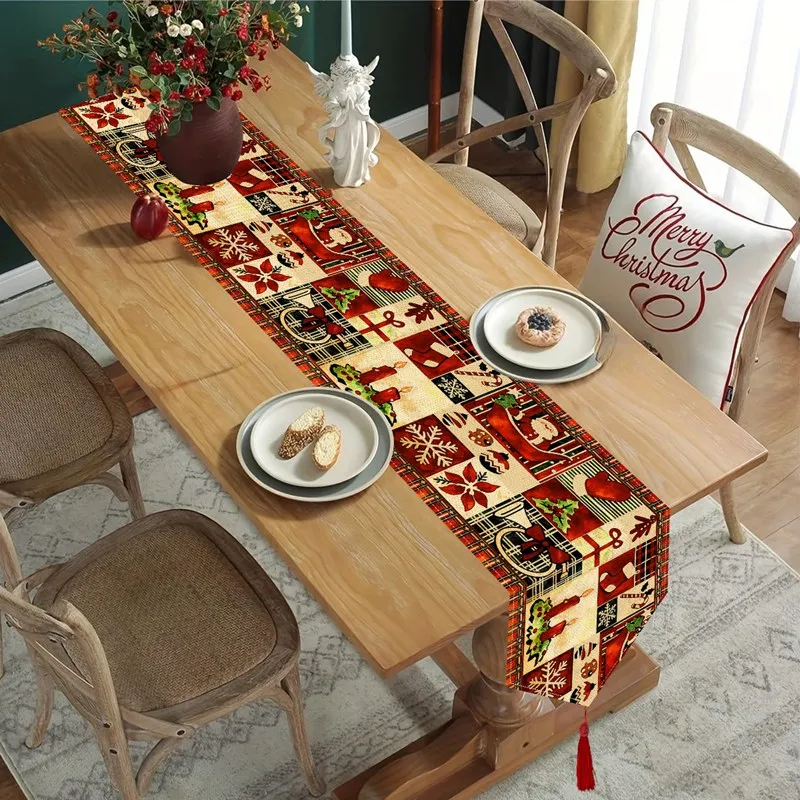 Retro Christmas Table Runner 183*33cm Buffalo Plaid Polyester Tablecover with Tassel Fringe Christmas Decorations for Home 2026