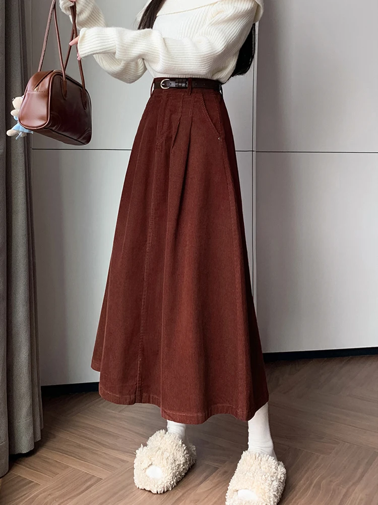 Elegant Winter Corduroy Maxi Long Skirt Women Fashion Korean Big Swing Umbrella A-line Skirts Loose Elastic Waist Falda Plisada