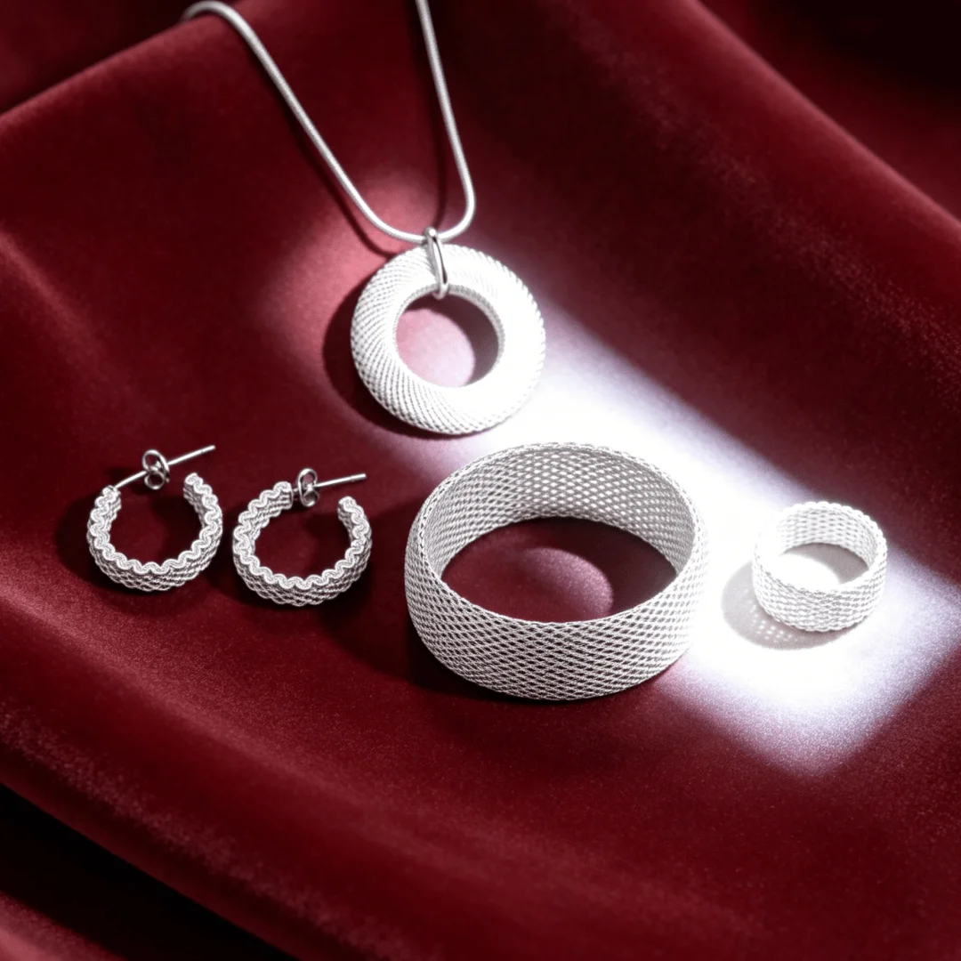 

Hot luxury 925 Sterling Silver Beautiful Woven Mesh pendant necklace earrings bangle ring for women fashion jewelry set gift