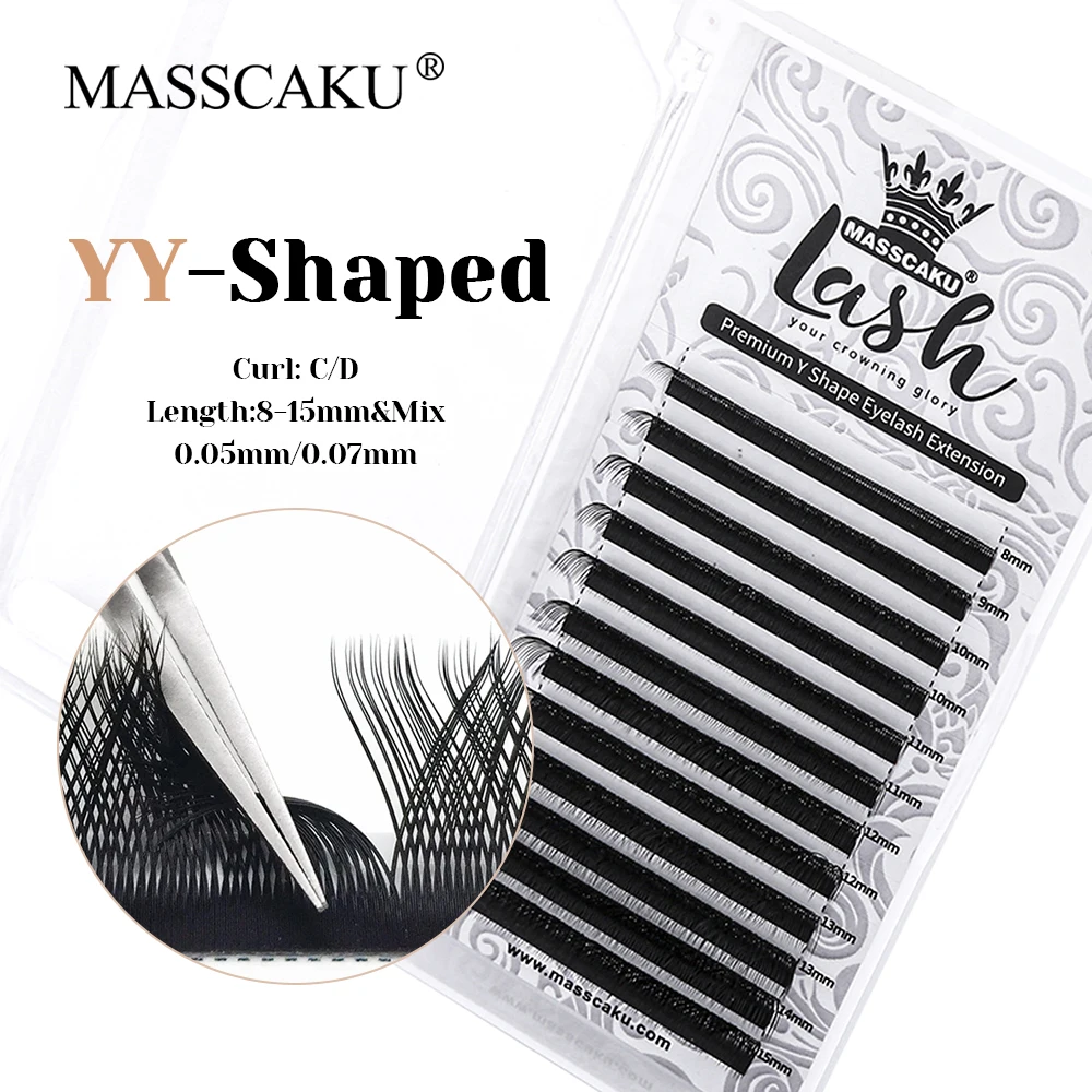 

Hot Sale MASSCAKU C D Curl False Silk Three Split Tips YY Shaped Lashes 0.07mm Thickness Wispy Y Design Eyelashes Makeup Tools