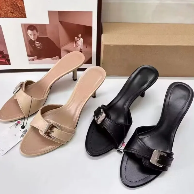 Chaussures d'été pour femmes, marque de mode, boucle, bout ouvert, talons Muller, sandales de tempérament, pantoufles d'extérieur, 2025