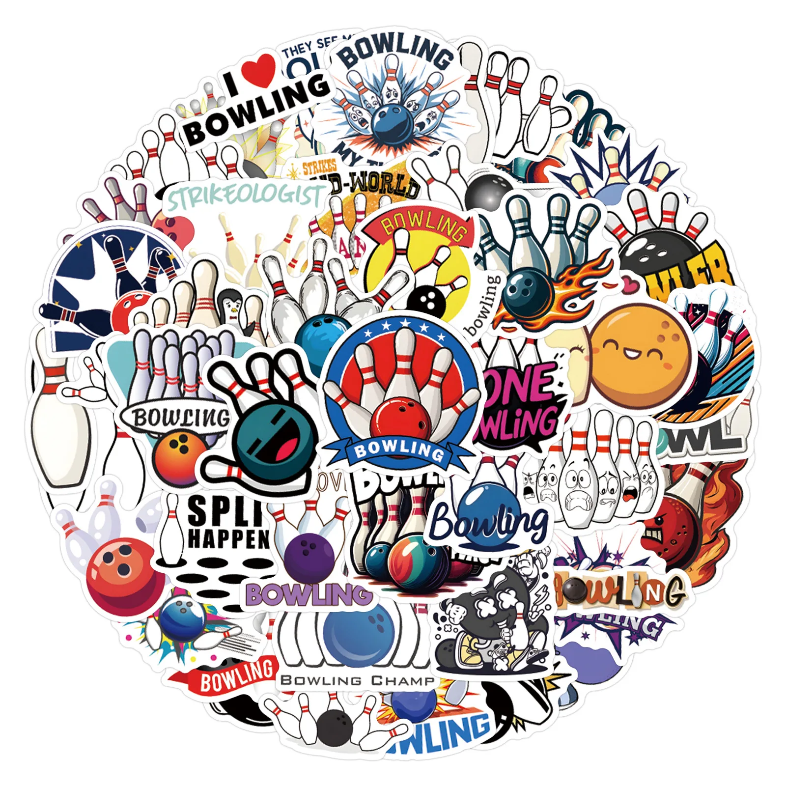 

55PCS Cool Bowling Stickers Sports Bowling Ball & Pin Bowling Lover Cartoon Style Decorative Helmet Waterproof Sticker Kids Toy