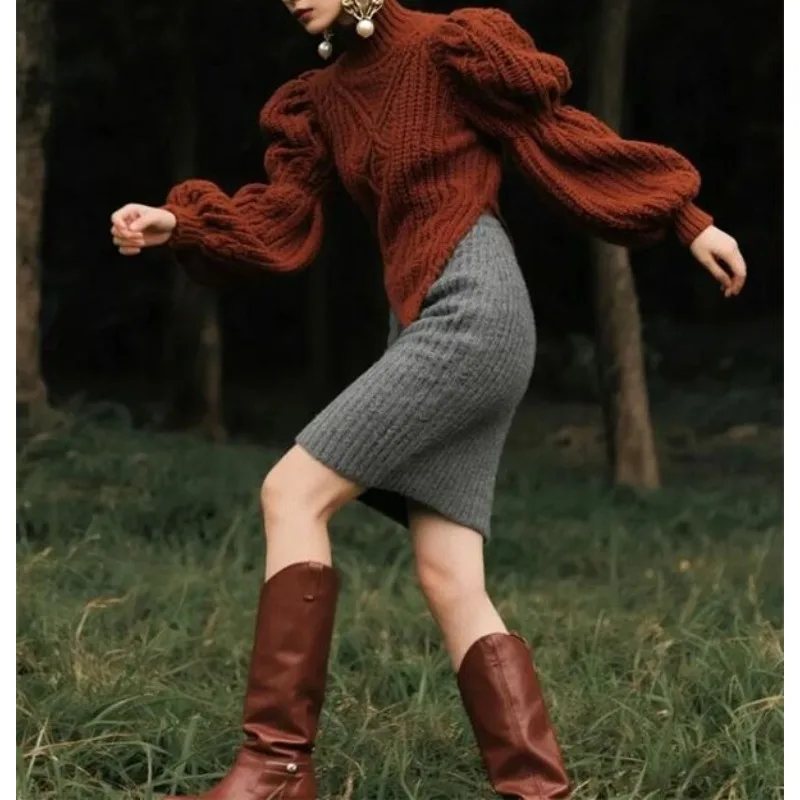 

2025 winter clothing Korean chic lazy high-end red turtleneck rough twist sweater knitted suit skirt woman