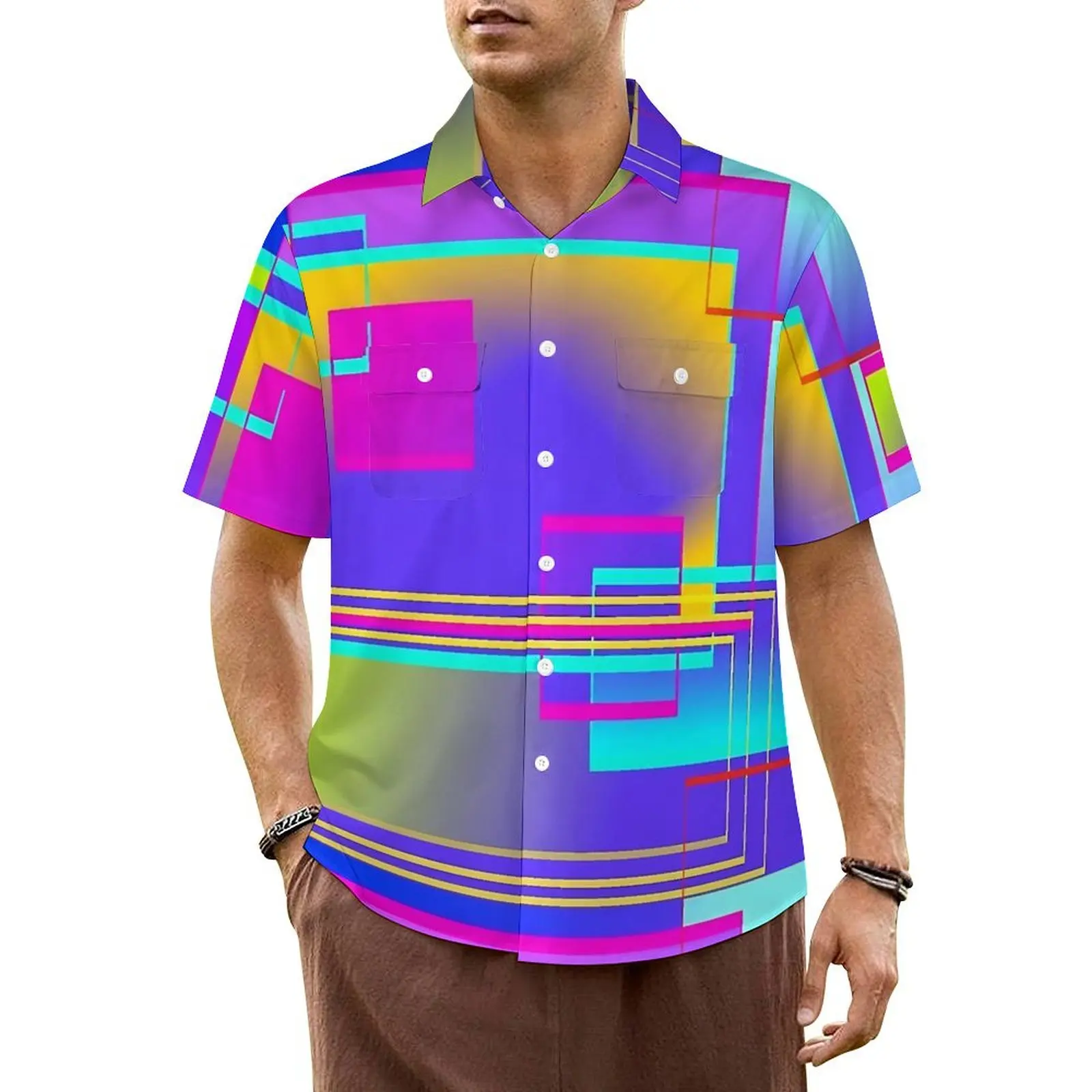 

Vibrant Colorblock Hawaii Shirt For Men Beach Geo Print Casual Shirts Short-Sleeved Y2K Fashion Design Vintage Oversize Blouses