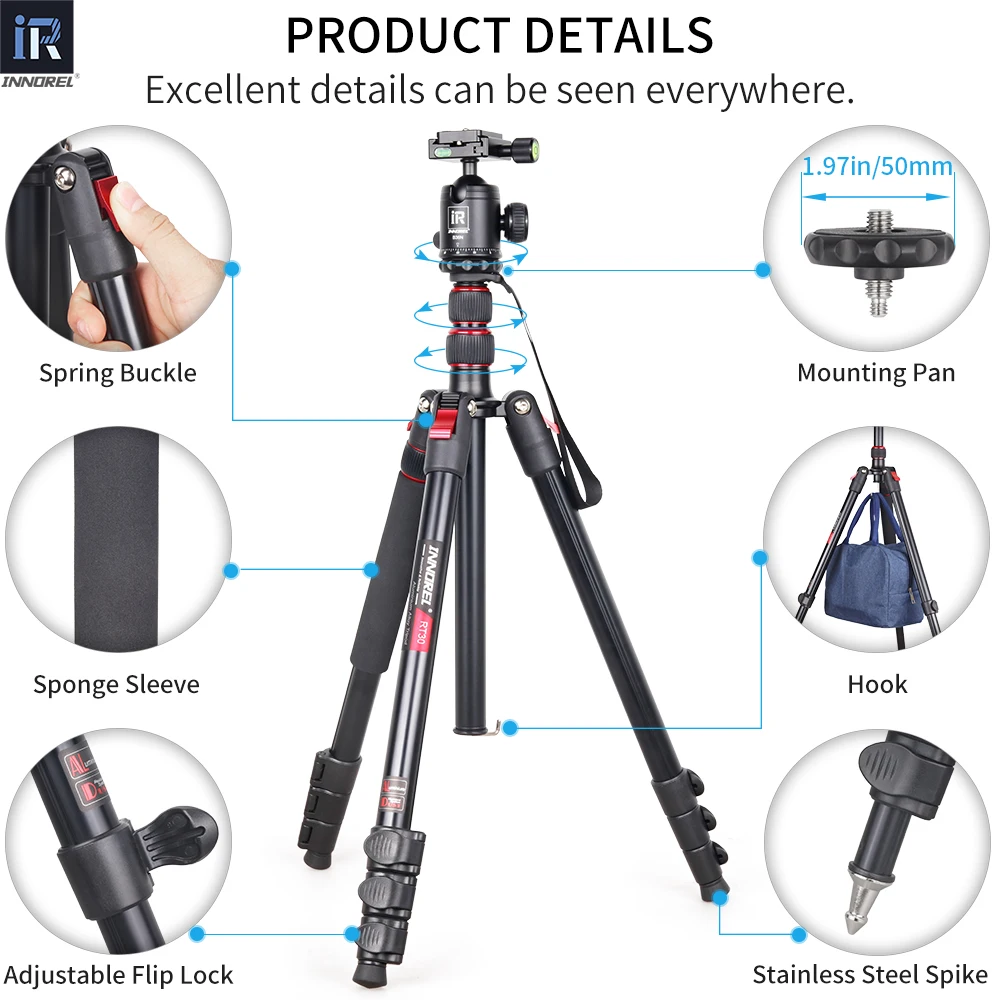 INNOREL RT30 Professional Tripod Monopod Aluminum Alloy Fast Flip Lock, Max Height 197cm For Outdoor Camera Video Recorder