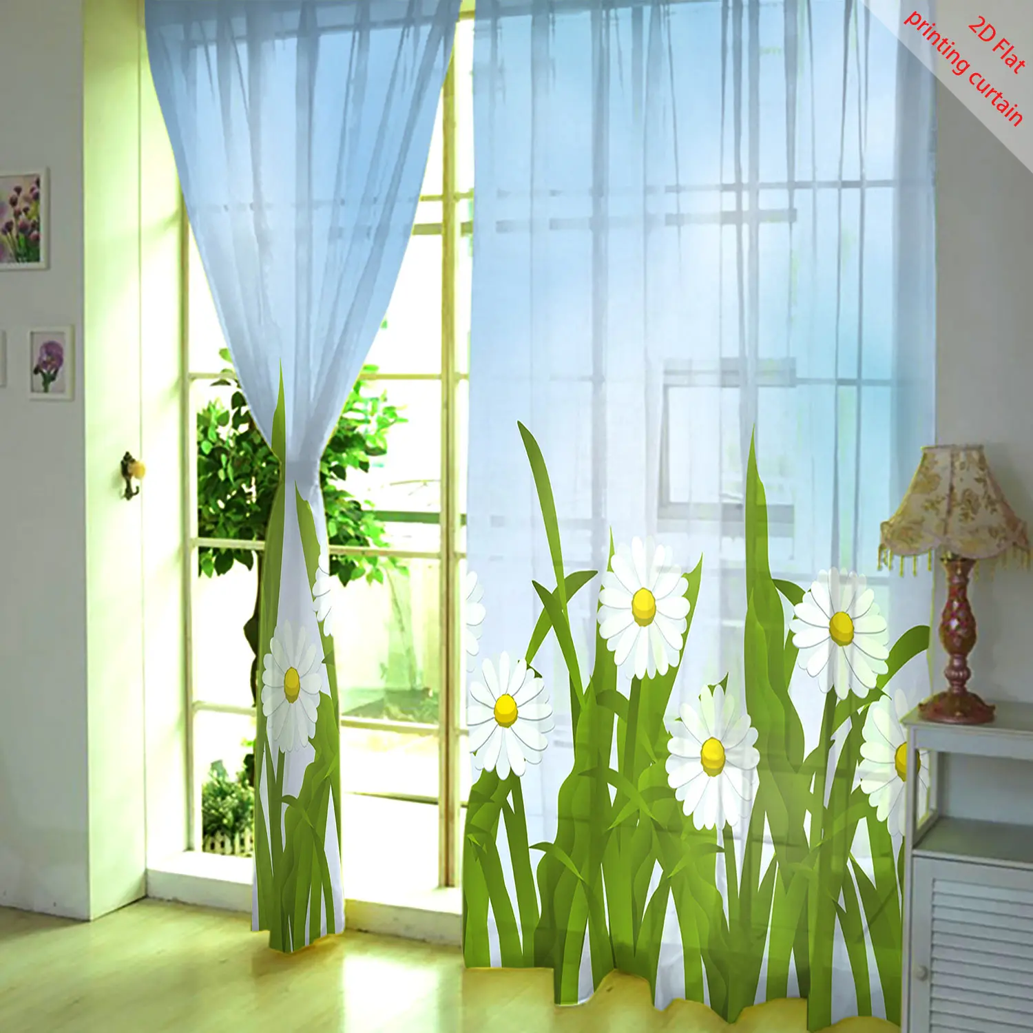 Plant and flower printed gauze curtains, transparent curtains for home, office, dormitory, living room balcony window decoration