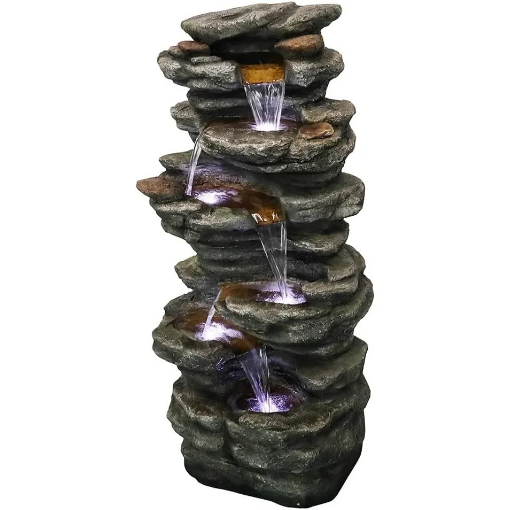 

LED Water Fountain, 6-Tiers Rocks Outdoor Fountain - 40” High Cascading Waterfall, Outdoor Fountain,