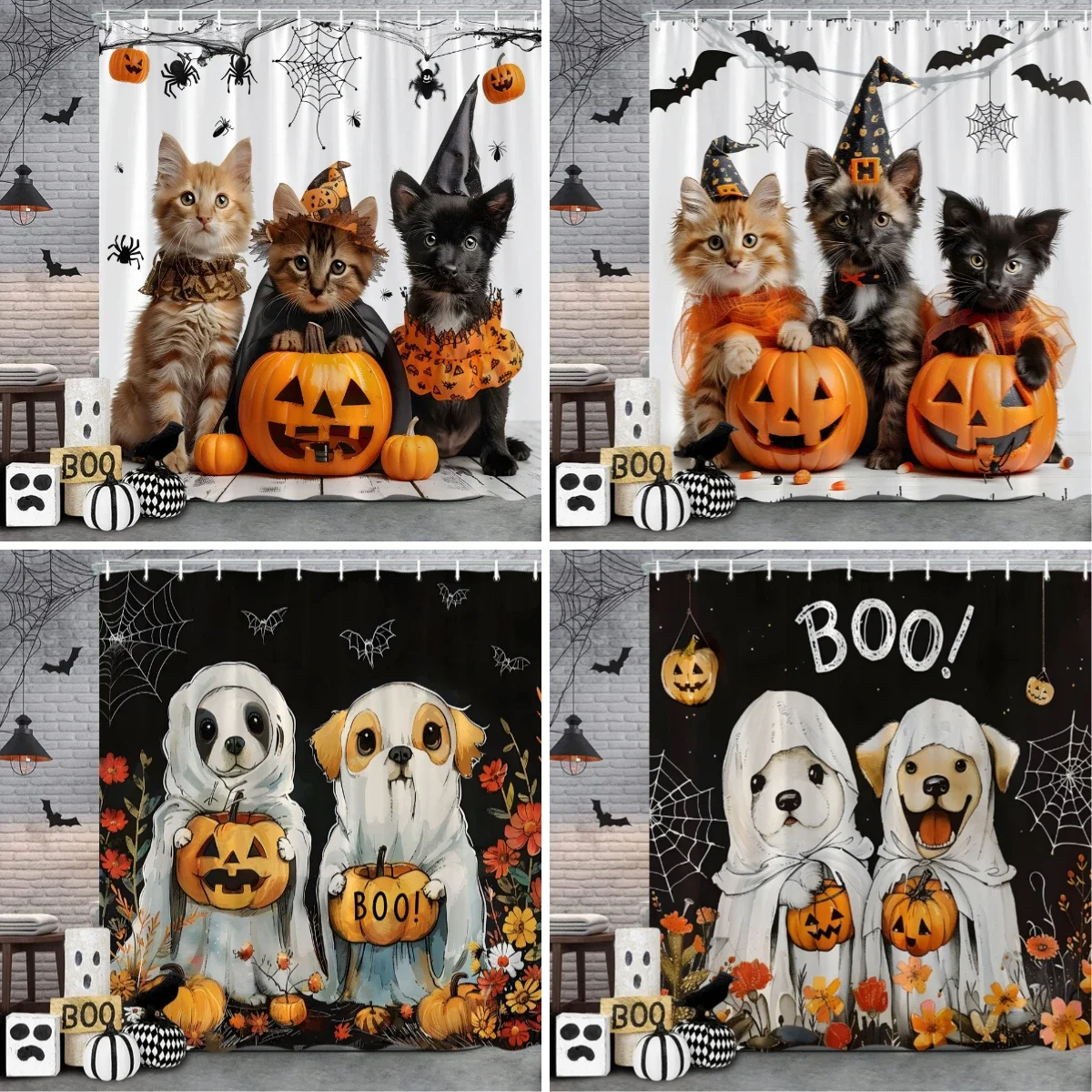 Funny Cat Halloween Shower Curtain Pumpkin Spider Funny Animal Holiday Gift Polyester Shower Curtains Bathroom Decor with Hooks