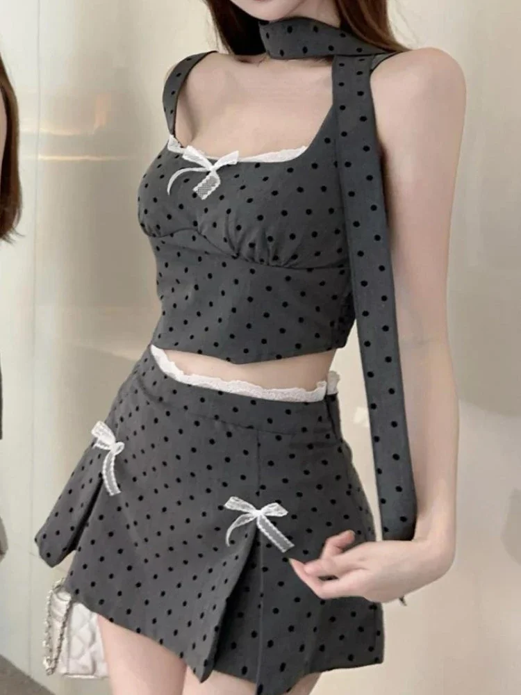 Y2k Chic French Fashion New 2 Piece Set Women Kawaii Sexy Mini Skirt Suit Female Sweet Bow Polka Dot Tops+mini Skirt 2024 Summer