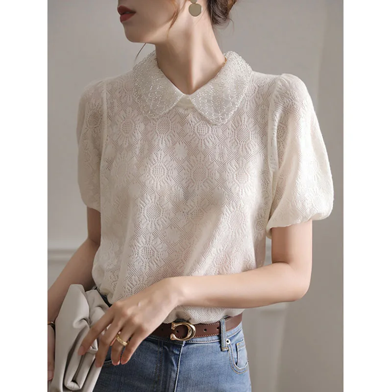 

Элитный бренд: Женский топ с воротником-стойкой и вырезами, из шелкового трикотажа, короткий рукав, в корейском стиле, свободный крой, летний трикотаж