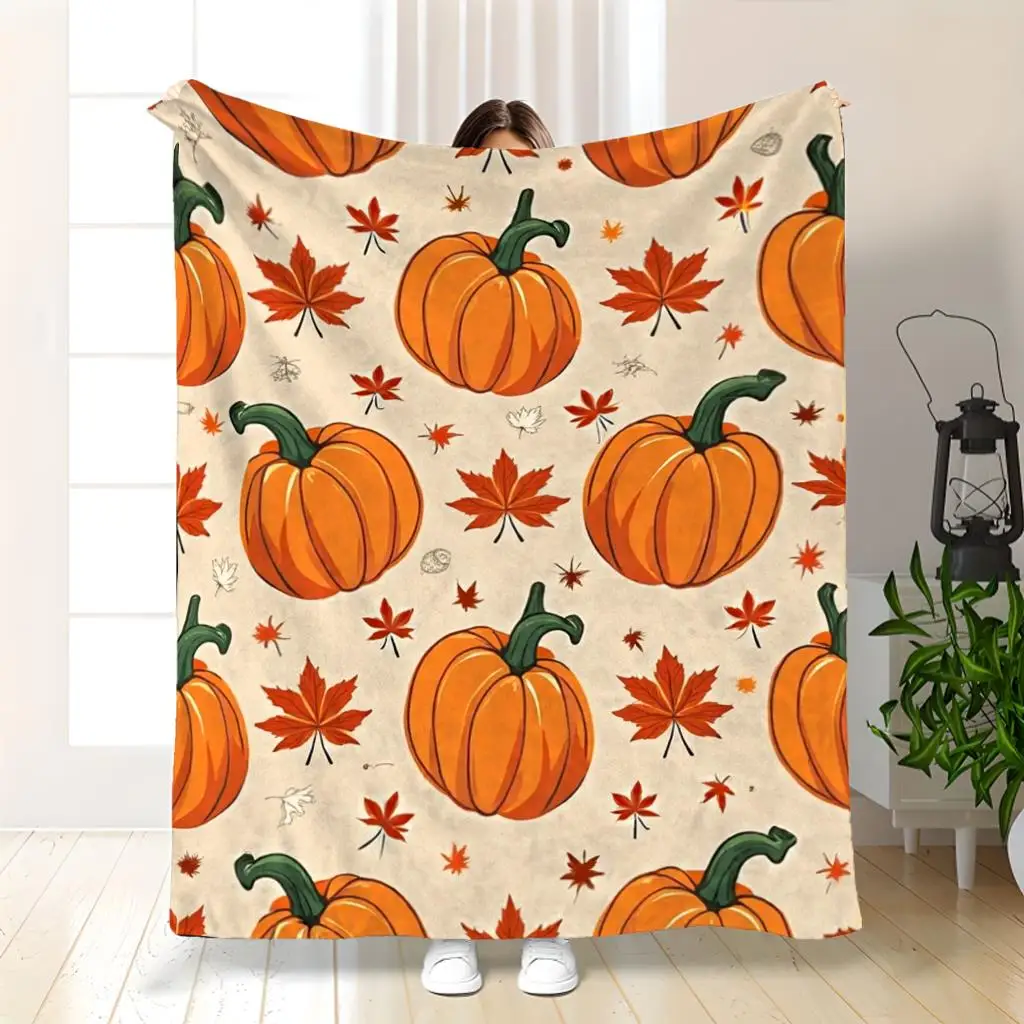 1pc Pumpkin and maple leaf patterned blanket, made of polyester, machine washable, suitable for bedroom and living room décor.