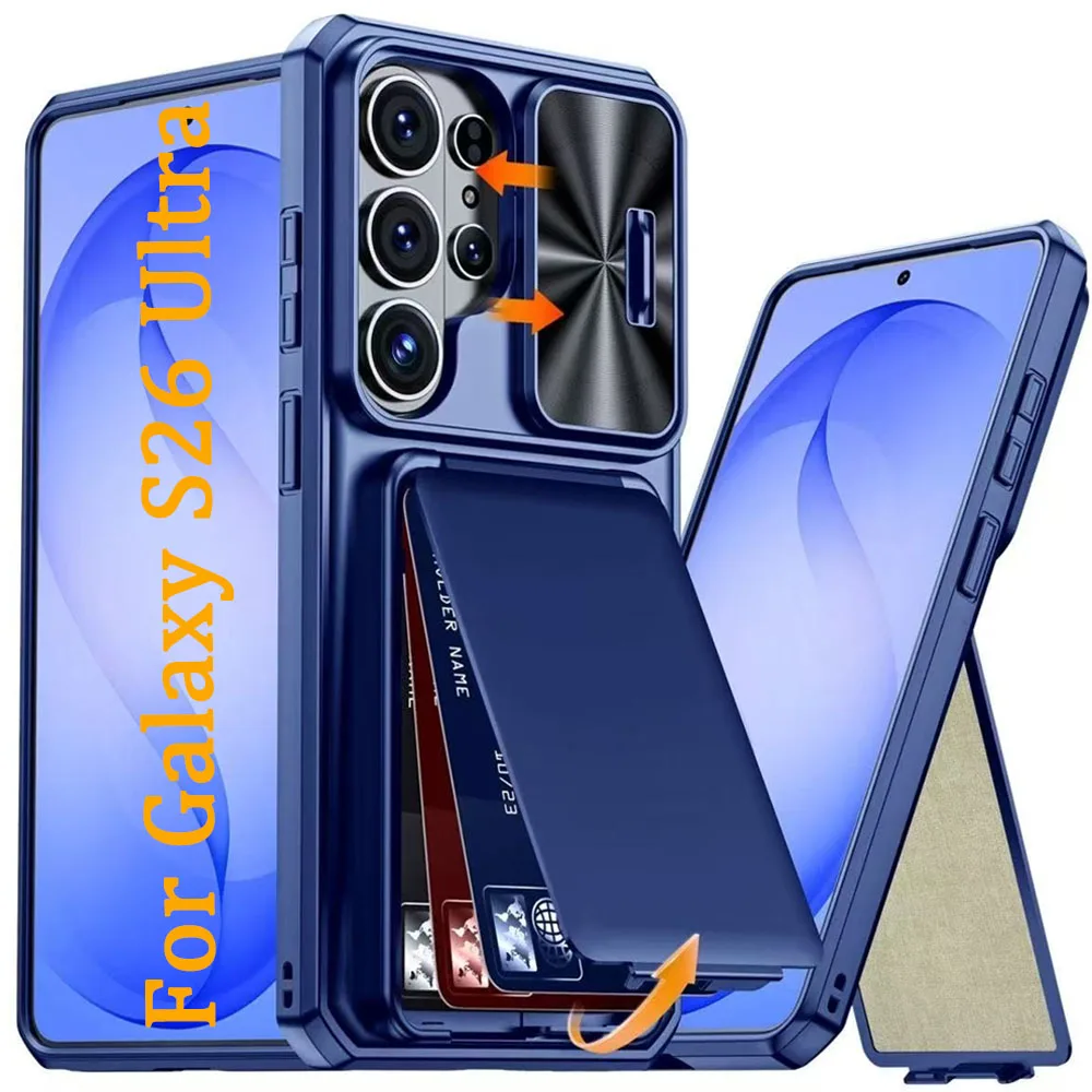 

Case for Samsung Galaxy S24 S25 S26 Ultra Wallet Card Holder 3-4 Cards Kickstand Slide Camera Stand Cover Shockproof