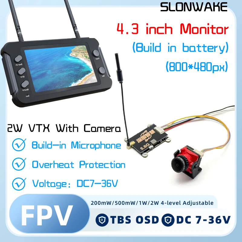 SLONWAKE 2W VTX Transmitter with 1500TVL Camera with 4.3 inch Monitor Build in Battery For Racing Drone