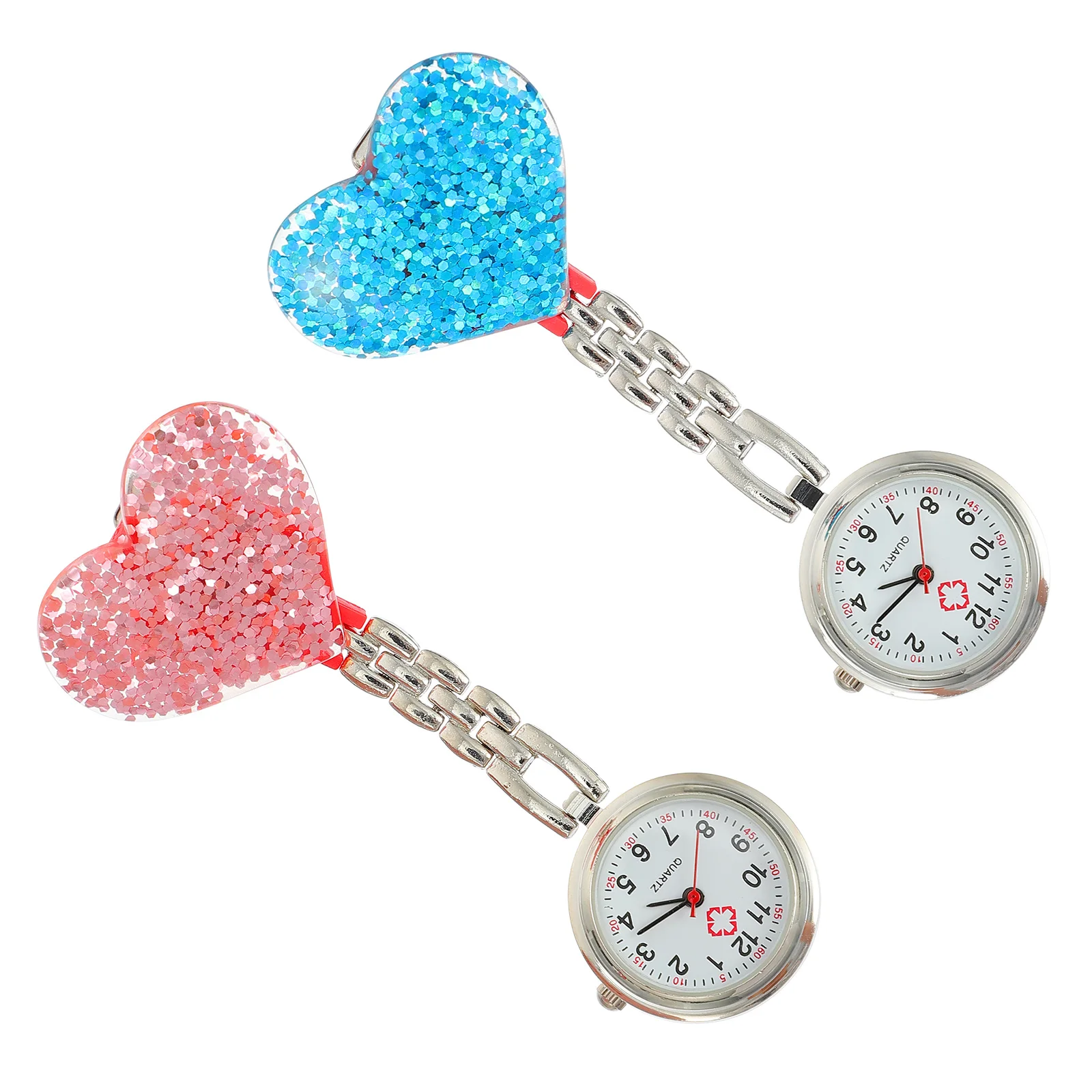 2Pcs Heart-Shaped Crystal Nurse Watch Exquisite Decorative Clip-on Timepiece for Medical Staff Gift Nurse Watch