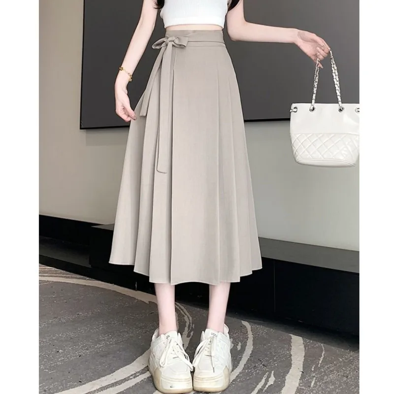 Women's Summer Black Bow Gray Suit Skirt High Waist Slimming A-line Midi Skirts offce lady elegant solid pleated skirt trendy