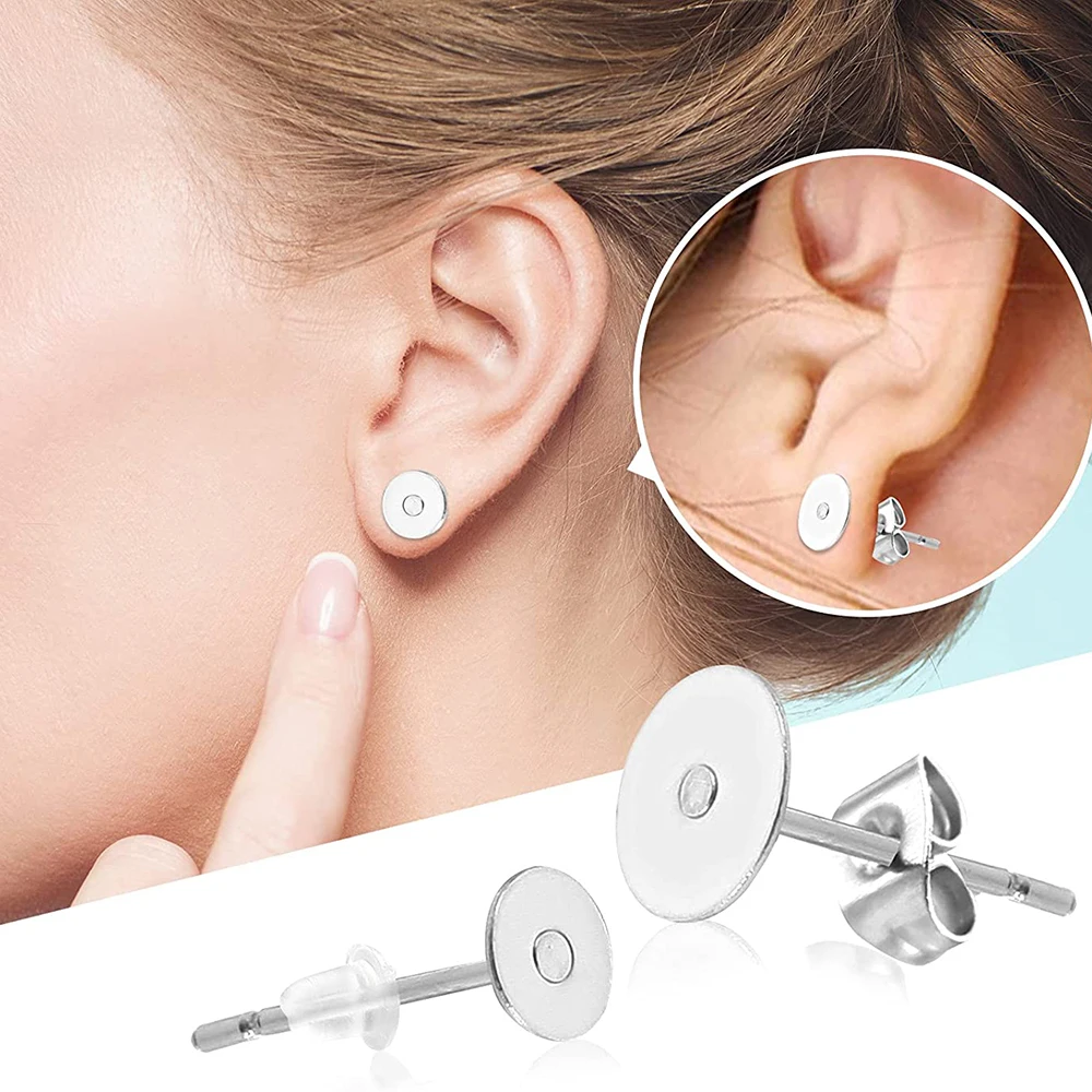 100pcs 2 Color Stainless Steel Earring Studs Blank Post Base Pins With Plug Findings Ear Back For DIY Jewelry Making Wholesale image 2