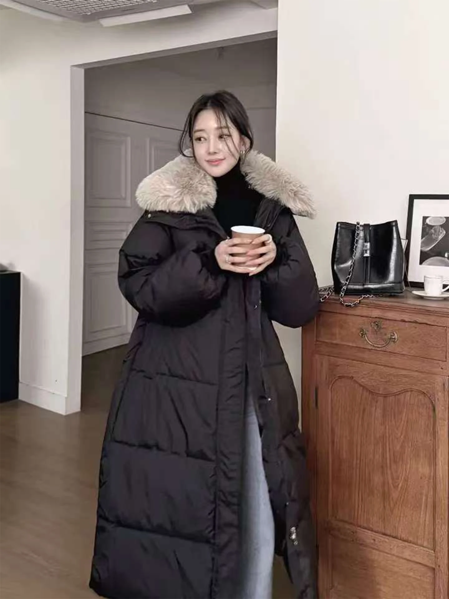 

Женское хлопковое тюлевое пальто с капюшоном, зимнее пальто с воротником из искусственного меха, утягивающее корейское пальто средней длины