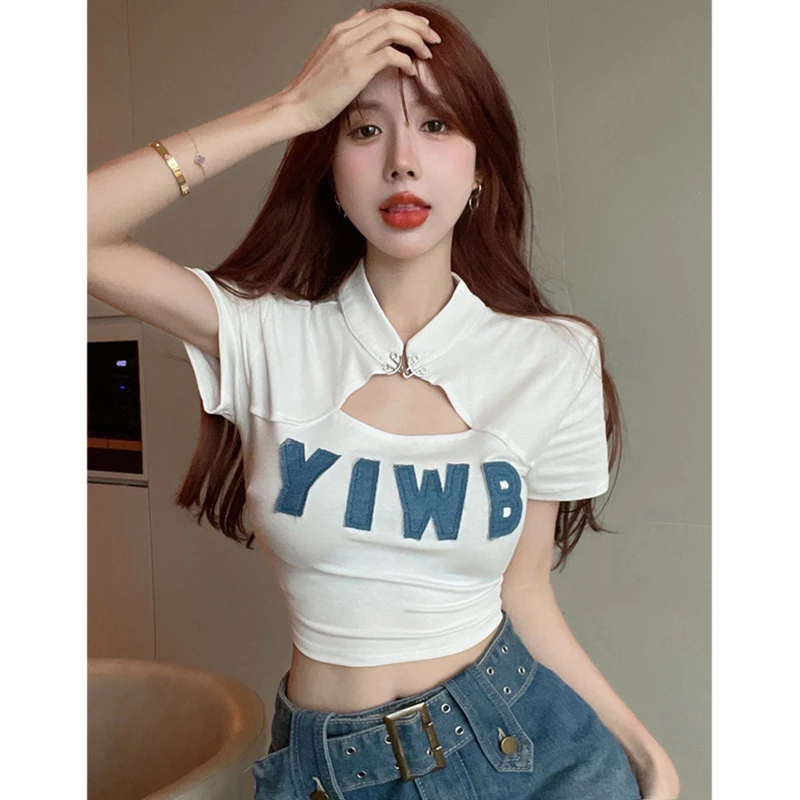 

Spring/Summer Women's Short sleeved Top New Chinese Front Shoulder Pure Desire Letter Hollow Trendy T-shirt for Women