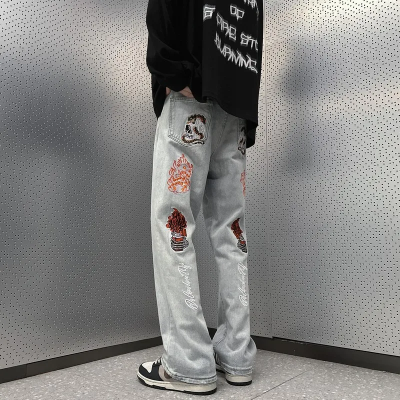 

Мужские джинсы Slim Straight: весенне-осенние, в американском уличном стиле, повседневные, износостойкие, с эффектом stonewash, со средней посадкой