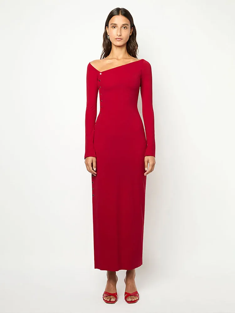 سيدة مثير واحدة الصدر فستان ماكسي خارج الكتف كم كامل الخصر Cinching سليم سبليت فساتين طويلة النساء عطلة رداء حفلات #6