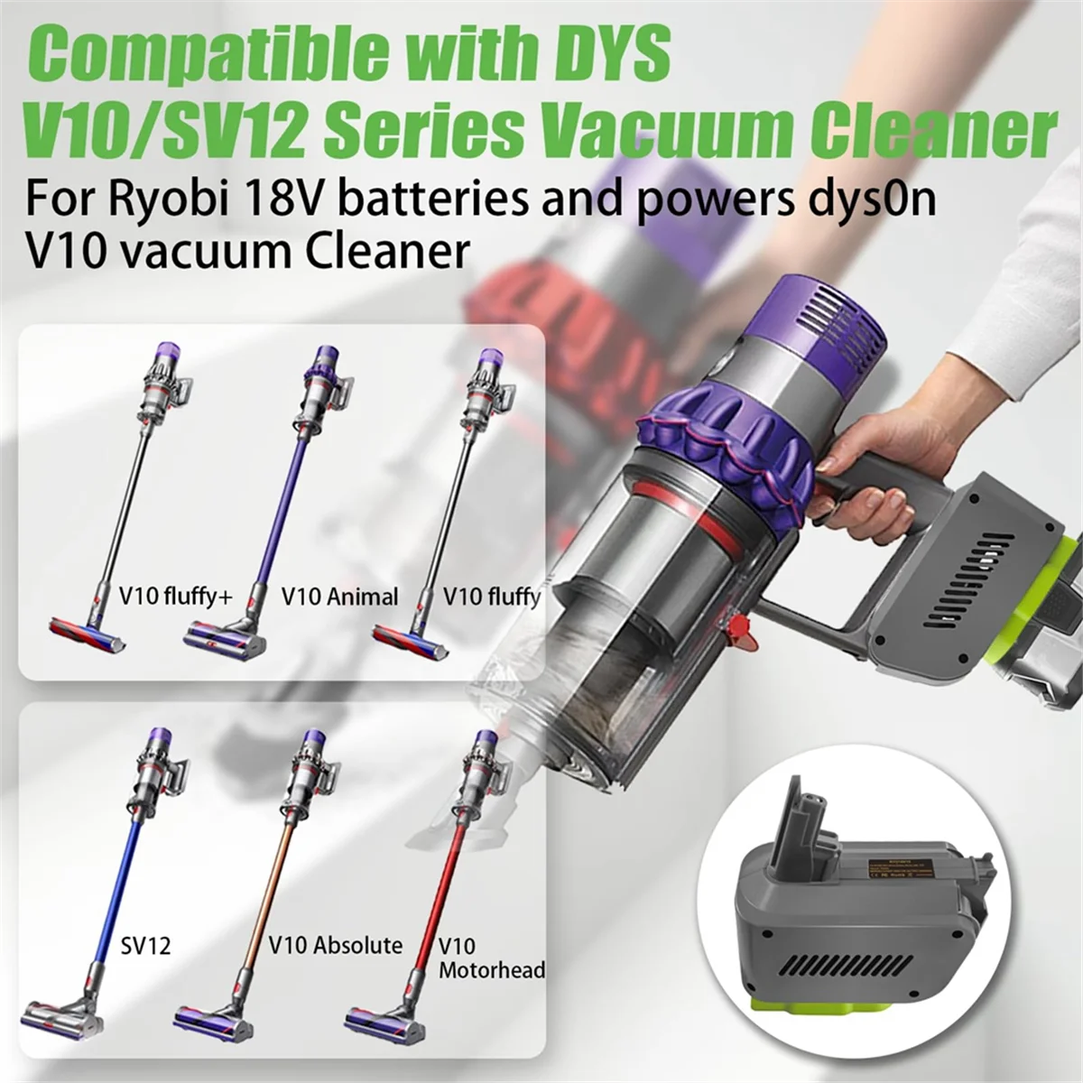 Adaptador sem fio Aspirador Vara, Ryobi 18V One Plus Bateria Converter para Dyson V10, Ciclone Absoluto, RYO18V10