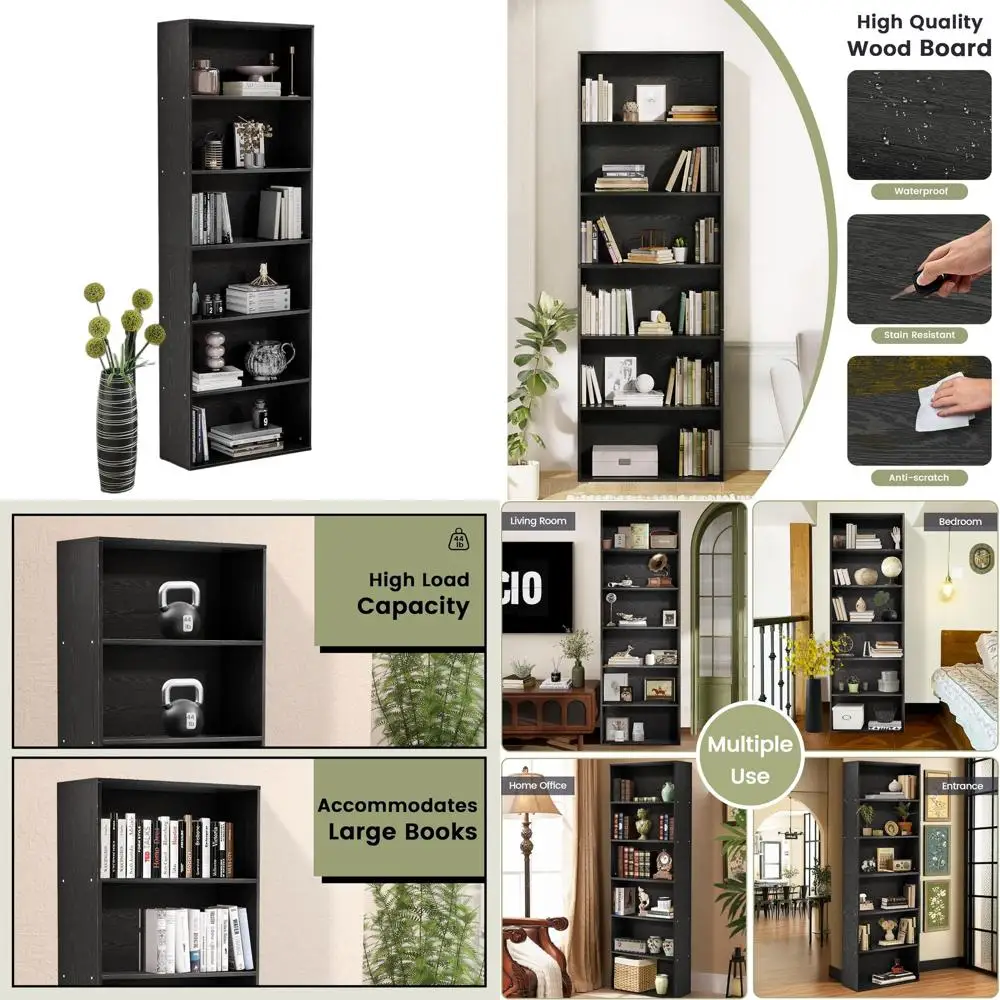 

6-Tier Tall Bookshelf, Spacious Storage Unit for Home, Office, or Bedroom, Sleek Black Floor Standing Display Shelf