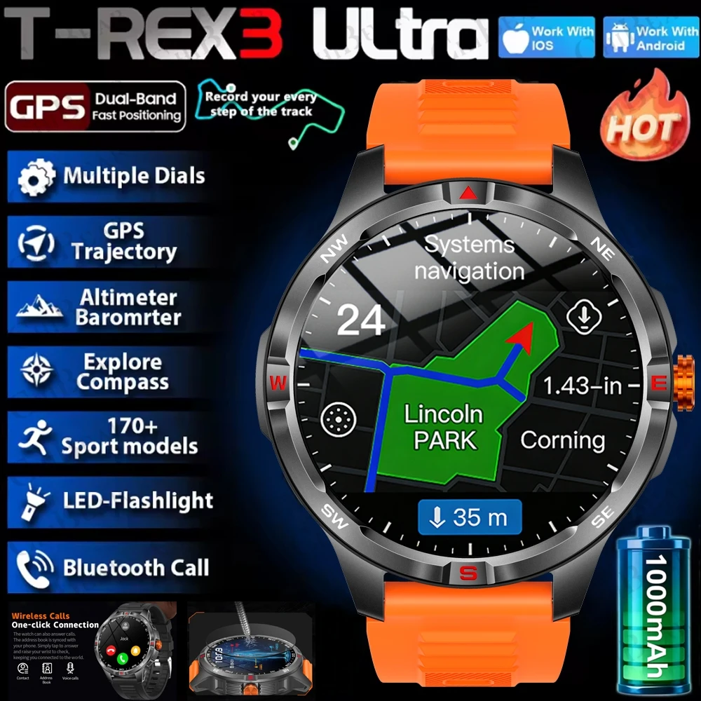 

2025 Military Grade 1000mAh Battery Smart Watch 5ATM Waterproof GPS Compass BT Call AMOLED HD Men Sports Smartwatches Android