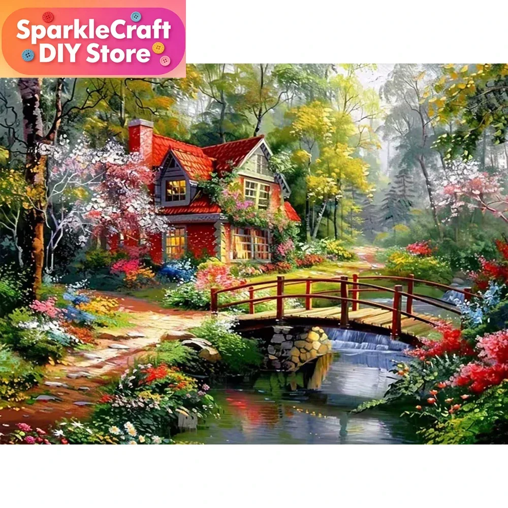 1 adet çerçevesiz ev elmas mozaik manzara nakış köprü tam kare yuvarlak elmas boyama DIY zanaat seti el yapımı hobi