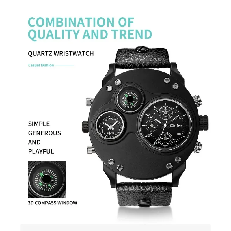 Steampunk Oulm Watches Dual Time Zone Men\'s Military Quartz Watch PU Leather Strap Male Decorative Compass Quartz Clock Man