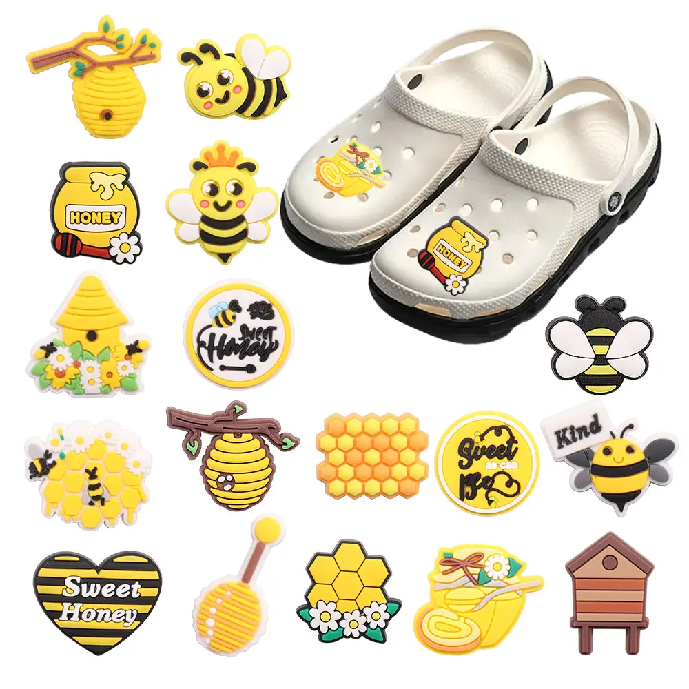 New Arrival 1-17Pcs PVC Honeybee Sweet Honey Fit Shoes Accessories Children Cute Sandals Buckle Birthday Gift