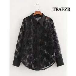 TRAF ZR Blouse Woman Trend 2024 Turn-down Collar Elegant Vintage Cozy Black Chiffon Unusual Summer Women Long Sleeve Blouse